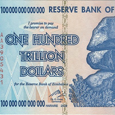 The obverse of the 2009 Zimbabwe $100 trillion banknote.